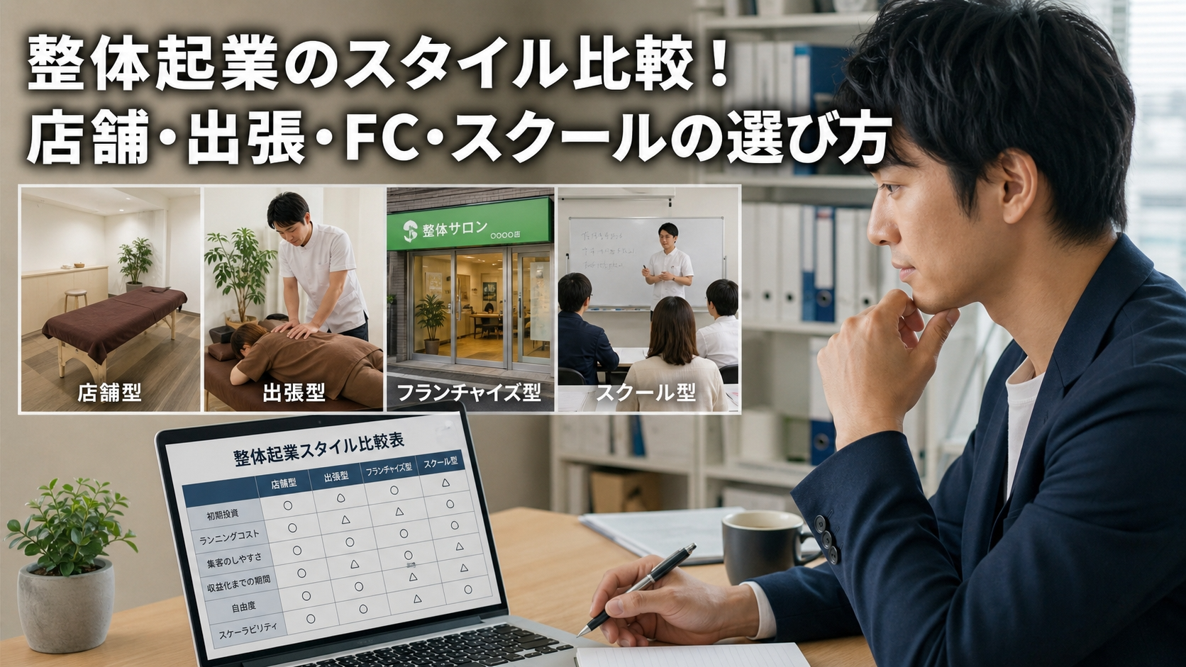 整体起業のスタイル比較！店舗・出張・FC・スクールの選び方