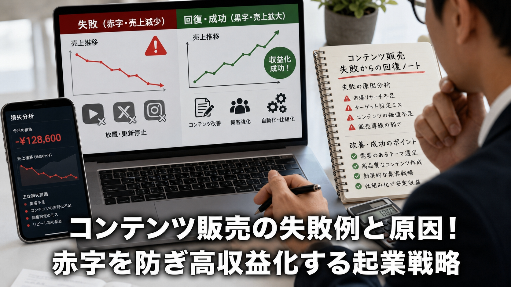 コンテンツ販売の失敗例と原因！赤字を防ぎ高収益化する起業戦略