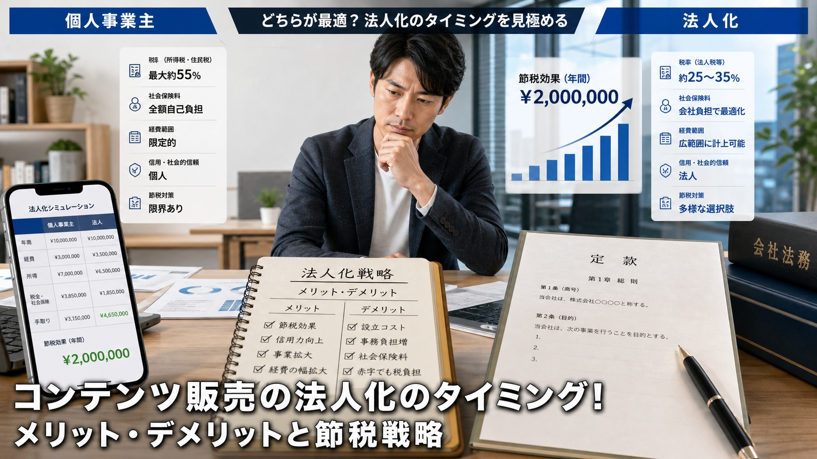 コンテンツ販売の法人化のタイミング！メリット・デメリットと節税戦略