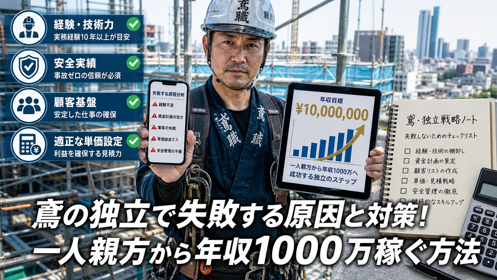 鳶の独立で失敗する原因と対策！一人親方から年収1000万稼ぐ方法