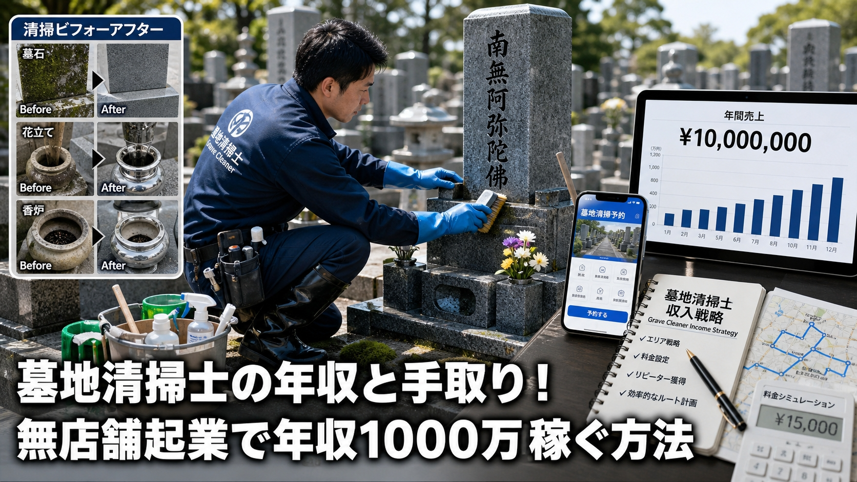 墓地清掃士の年収と手取り！無店舗起業で年収1000万稼ぐ方法