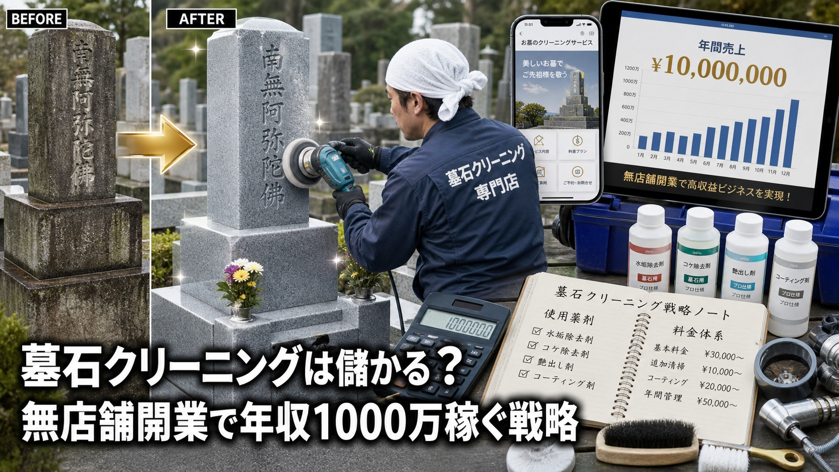 墓石クリーニングは儲かる？無店舗開業で年収1000万稼ぐ戦略