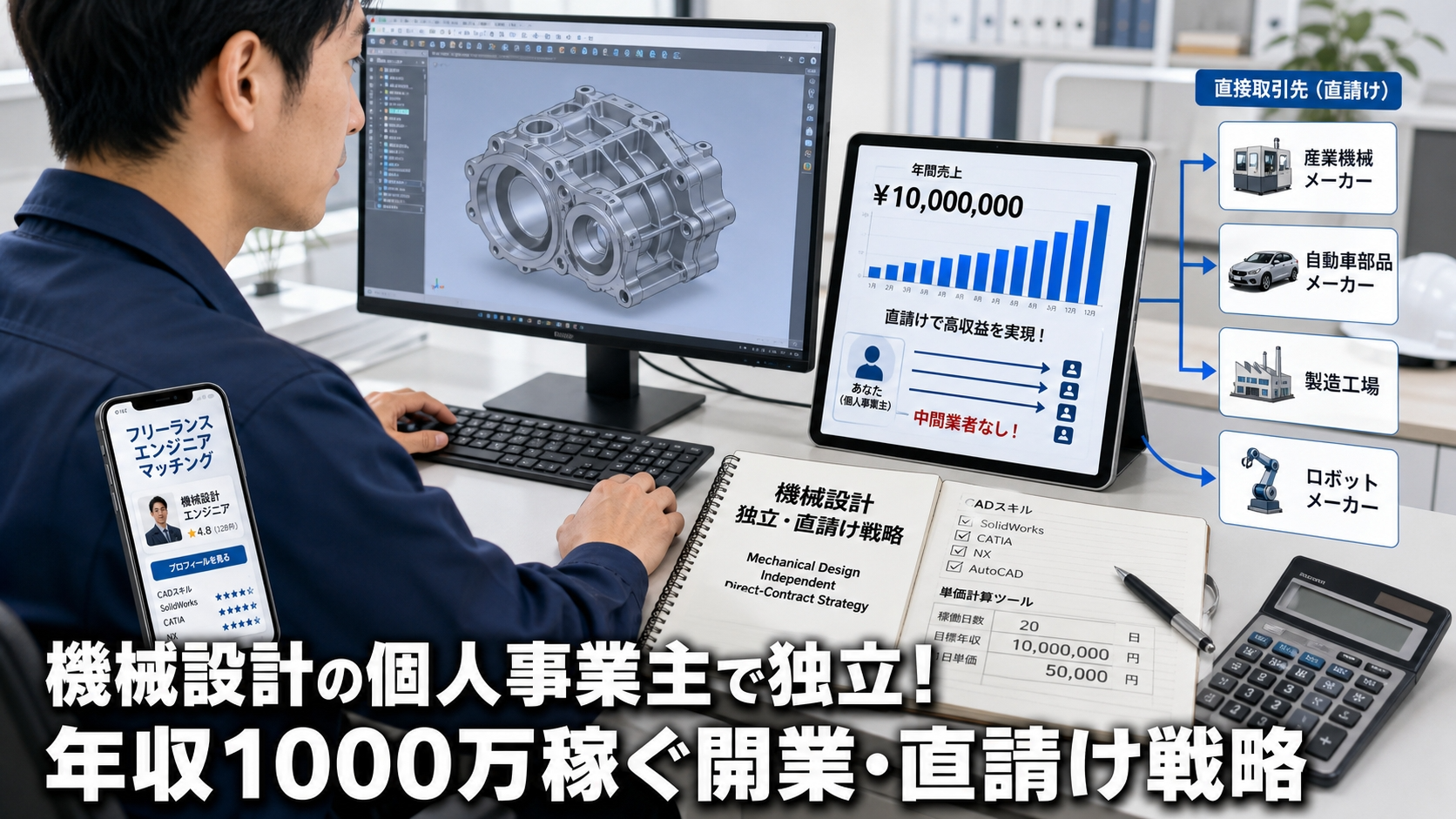 機械設計の個人事業主で独立！年収1000万稼ぐ開業・直請け戦略